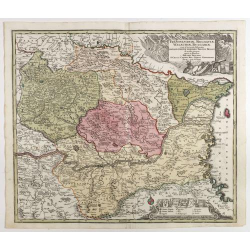 Old map image download for Transylvaniae, Moldaviae, Walachiae, Bulgariae, nova et accurata Delineatio, Magnam Partem Hodierni Theatri Bellici . . .