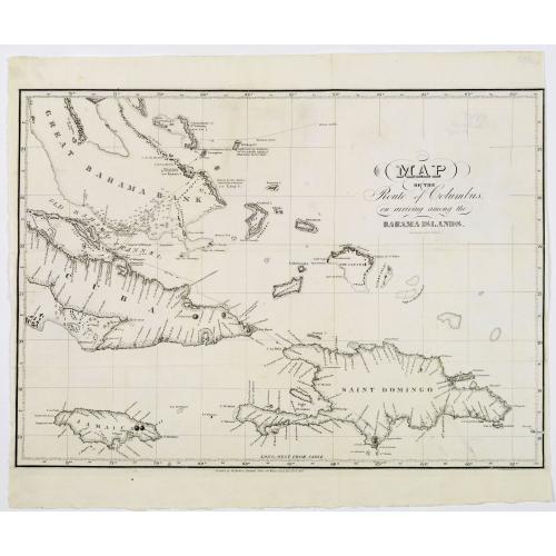 Old map image download for Map of the Route of Columbus, on arriving among the Bahama Islands.