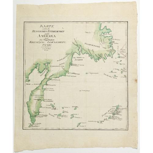 Old map image download for Karte welche die Russischen Entdeckungen gegen Amerika nach den Tagebüchern Krenizins, Lewaschefs, Synds und anderer vorstellt. 1781