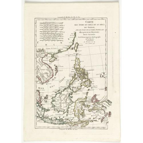 Old map image download for Carte des Indes en Deca et au Dela du Gange, avec les Isles de la Sonde, Borneo, les Moluqes et les Philippines partie Orientale. Par M. Bonne, ingenieur Hydrographe de la Marine. A' Venise, Par P. Santini 1790.