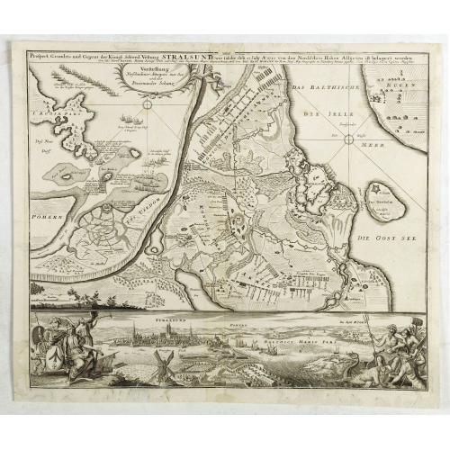 Old map image download for Prospect, Grundris und Gegent der Königl. Schwed. Vestung Stralsund wie solche den 15 July 1715 von den Nordischen Hohen. . .