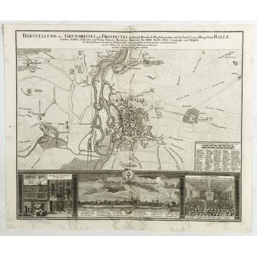 Old map image download for Darstellung des Grundrisses und Prospectes der Königl. Preussisch Magdeburgischen und des Saal-Crayses Haupt Stadt Halle. . .