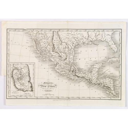 Old map image download for Mexico, or New Spain, Shewing the Route of Cortes.