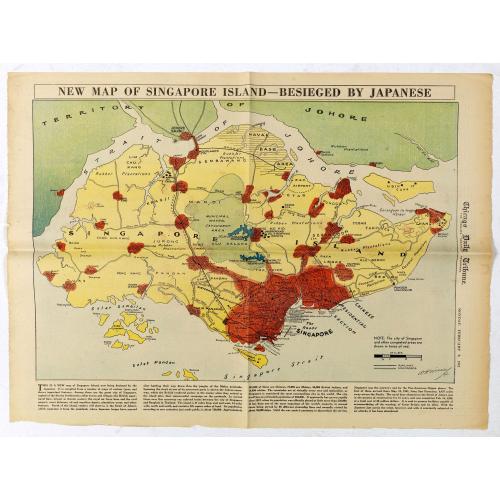 Old map image download for New Map of Singapore Island - Besieged by Japanese. Chicago Daily Tribune, Monday, February 9, 1942