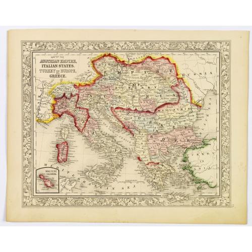 Old map image download for Map of the Austrian Empire, Italian States, Turkey in Europe, and Greece.