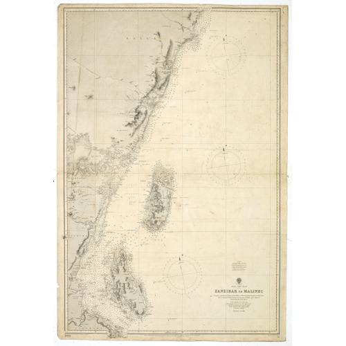 Old map image download for Africa east coast Zanzibar to Malindi ... H. M. Surveying ship Stork, 1888-90. Magnetic variation in 1890, decreasing slightly. Africa - SW coast Table Bay surveyed by Mr F Skead Master RN assisted by Mr Charles Watermeyer 1858-60