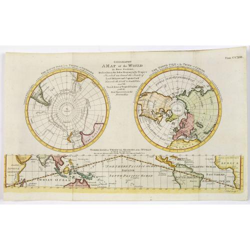 Old map image download for Geography A Map of the World in three Sections, Describing the Polar Regions to the Tropic's. . .