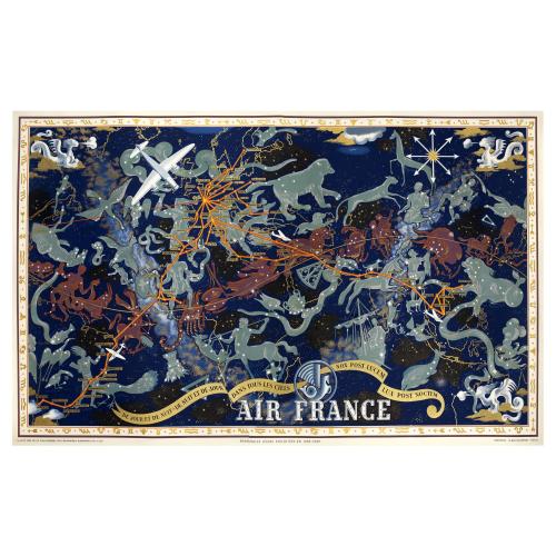 Old map image download for Air France De jour et de nuit - De nuit et de jour, dans les ciels, nox post Lucem lux post noctem, principales lignes exploitées en 1938-1939. [Planisphère Zodiac Air France].