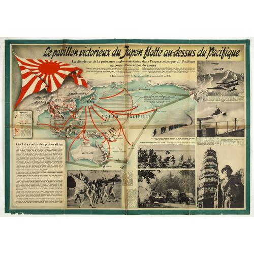 Old map image download for Le pavillon victorieux du Japon flotte au dessus du Pacifique (THE VICTORIOUS FLAG OF JAPAN FLIES OVER THE PACIFIC).