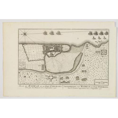 Old map image download for Plan de Madraz et du Fort St. Georges. Pris par les Francois le 21 Septembre 1746 / Grondtekening van Madras en't Fort St. Georges, door de Fransen ingenoomen den 21 September 1746.