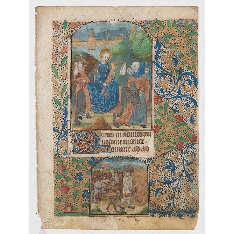 Leaf from a French, probably Breton, Book of Hours, written on vellum, with arch topped miniature showing the Flight of the Holy family into Egypt.