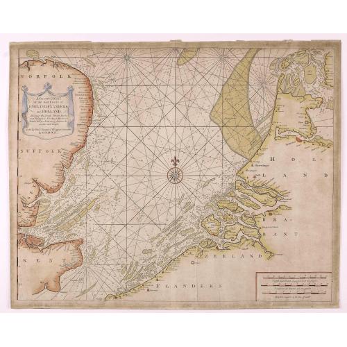 Old map image download for A Correct Chart Of The Sea Coasts Of England, Flanders And Holland Shewing The Sands Shoals Rocks And Dangers, The Bays Harbours Roads Buoys Beacons & Seamarks On The Said Coasts.