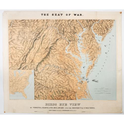 Old map image download for The Seat of War. Birds Eye View of Virginia, Maryland, Delaware and the District of Columbia.