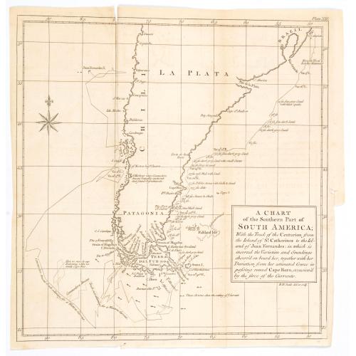 Old map image download for A Chart of the Southern Part of America, with the track of the Centurion. . .