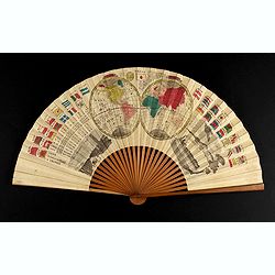 A folding fan with a map of Japan, double hemisphere world map and views of Yokohama and Edo.