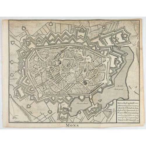 Old map image download for Mons the Capital City of Hainault in y Low Countries, taken by y French in 1691, Restor'd to y Spaniards by y Peace of Ryswick in 1697, retaken by y Allies in 1709, and left to y Emperor by y Treaty of Utrecht. .