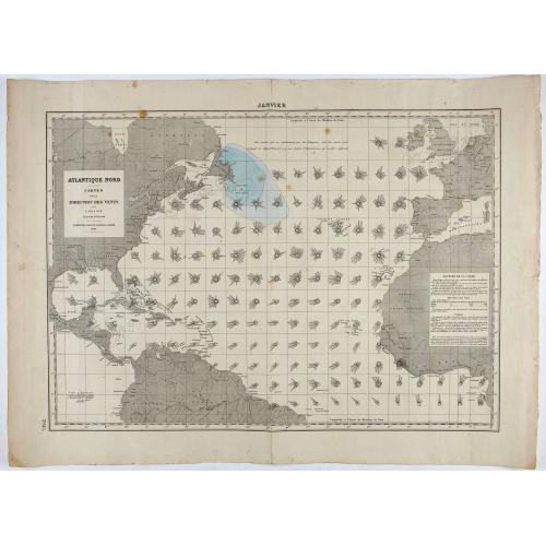 Old map image download for Atlantique Nord. Cartes de la direction des vents par L. Brault. Janvier.