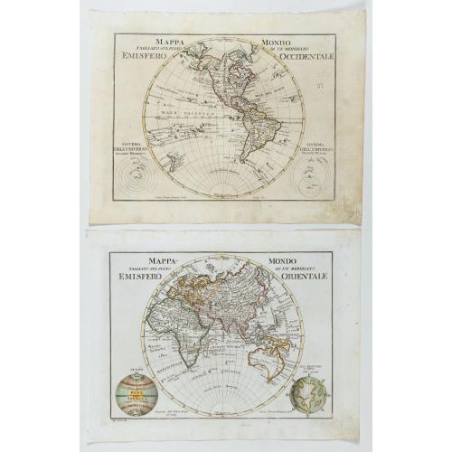 Old map image download for Mappa Mondo tagliato sulpiano di unmeridiano Emisfero Occidentale.  [togther with] … Orientale.