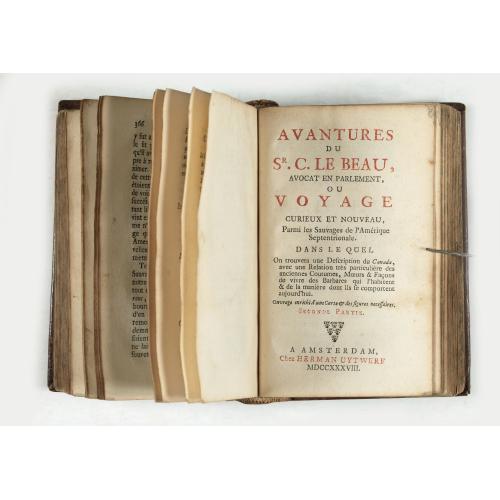 Old map image download for Avantures du Sr. C. Le Beau, avocat en parlement ou Voyage curieux et nouveau parmi les Sauvages de l'Amérique Septentrionale. Dans lequel on trouvera une Description du Canada… Ouvrage enrichi d'une Carte et des figures necessaires.