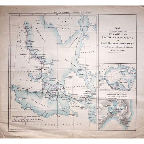 Old map image download for Map to Illustrate The Voyage And Artic Explorations of Capt Roald Amundsen From Surveys by Lieut. G. Hansen. 1903 to 1906. 