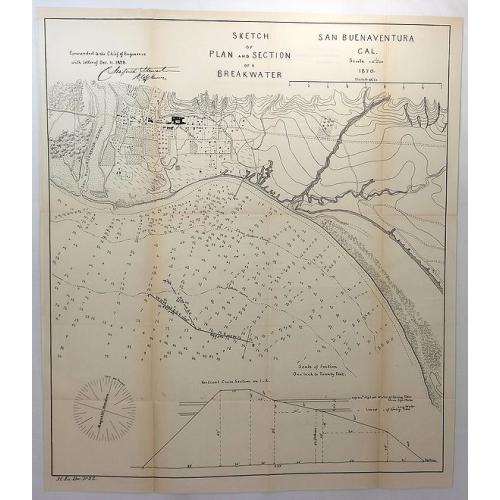 Old map image download for Sketch of Plan and Section of a Breakwater, San Buenaventura, Cal. 1870.