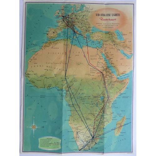 Old map image download for Suid-Afrikaanse Lugdiens Roetekaart dui binnenlandse dienste en die Springbokdiens-route... [with on verso] South African Airways Route Map Shewing Internal Services and Springbox ...