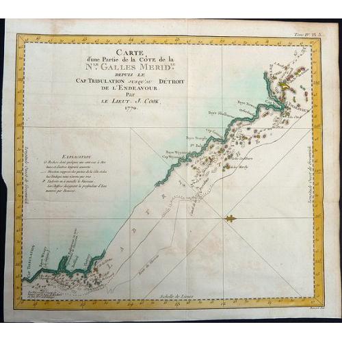 Old map image download for Carte d'une Partie de la Côte, de la Nle Galles Meridle depuis le Cap Tribulation jusqu'au Detroit de l'Endeavour par le Lieut. J. Cook 1770. 