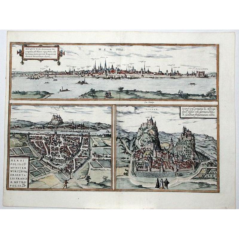 MOGUNTIA, Germaniae Metropolis,. . .[on sheet with] HERBIPOLIS, comuniter Wirtzburg,. . .[and] SEDUNUM, primaria & Metropolitica.[MAINZ WUERZBURG SION]