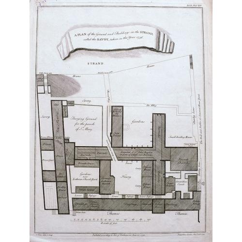 Old map image download for A plan of the ground and buildings in the Strand called the Savoy, taken in the year 1736.