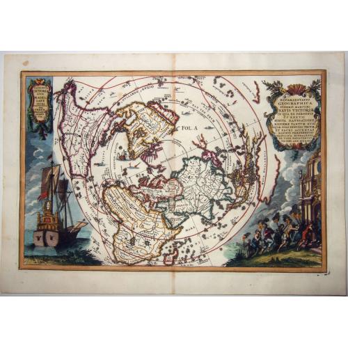 Old map image download for Repraesentatio geographica itineris maritimi navis victoriae in qua ex personis CCXXVII finita navagatione rediere tantum XVII quae solo indusio tectae. . . [Magellan's circumnavigation]               