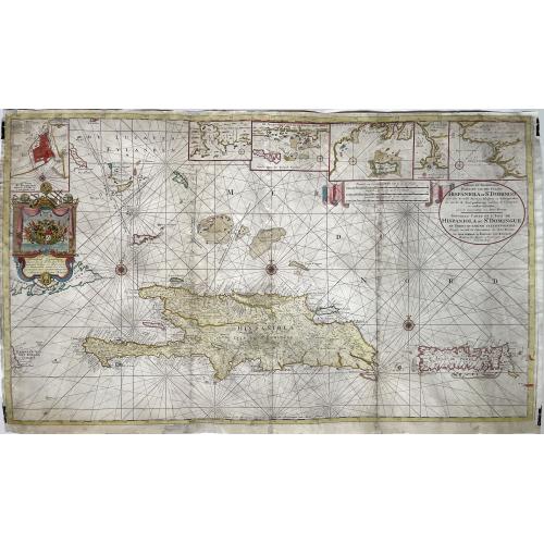 Old map image download for Nieuwe en Naaukeurige Paskaart van Het Eyland Hispaniola of St. Domingo met alle desselfs Havenen, Dieptens en Ankergronden, als meede de door passeeringe tusche de Caiques en andere Eylanden. ..