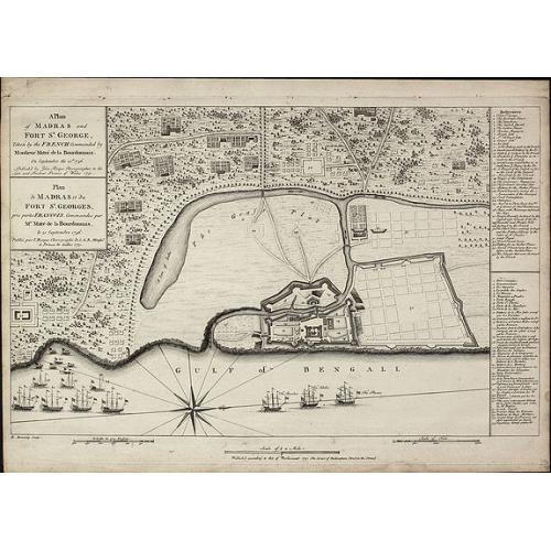 Old map image download for A Plan of Madras and Fort St. George, Taken by the French, Commanded by Monsieur Martre de la Bourdonnais. / Plan de Madras et du Fort St. Georges, pris parles Francois, Commandes par Mr. Matre de la Bourdonnais