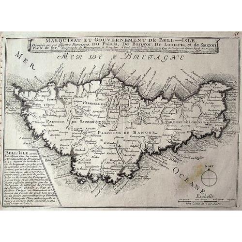 Old map image download for Marquisat et gouvernement de Bell-Isle divisée en ses quatre paroisses, Du Palais, De Bangor, De Lomaria, et de Sauzon.