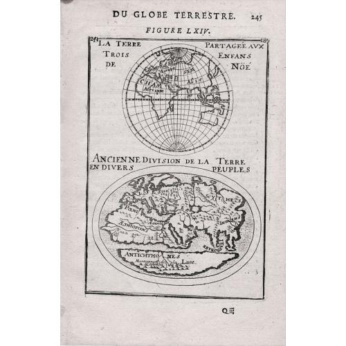 Old map image download for La Terre Partageeaux Trois Enfans de Noe / Ancienne Division dela Terre Endiuers Peuples Du Globe Terrestre.