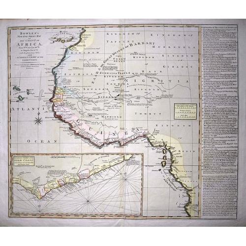 Old map image download for Bowles's new one-sheet map of the coast of Africa :from S.ta Cruz, lat. 30°N. to Angola, lat. 11°.S. with explanatory notes; and a correct chart of the Gold Coast.