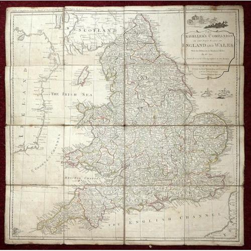 Old map image download for The Traveller's Companion or the Post roads of England and Wales: With the Distances in Measured Miles By the late John Rocque Chorographer to the King and it is laid on linen in sixteen sections.