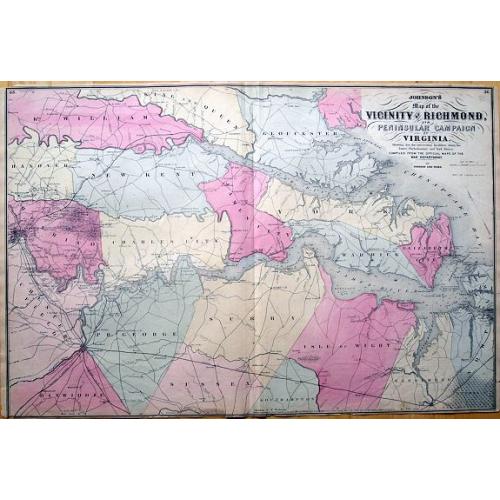 Old map image download for Johnson's Map of the Vicinity of Richmond, Peninsular Campaign in Virginia. Showing also the interesting localities along the James, Chickahominiy and York Rivers...