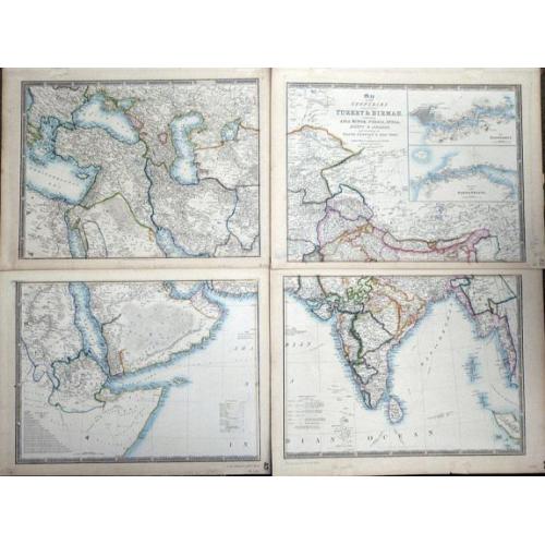 Old map image download for Map of the Countries lying between Turkey & Birmah, comprising Asia Minor, Persia, India, Egypt & Arabia, and including the Black, Caspian & Red seas by James Wyld, Geographer to the Queen, Charing Cross East. Model of the Earth, Leicester Square, London.