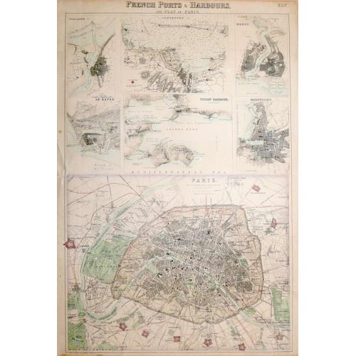 Old map image download for French Ports & Harbours, and Plan of Paris with seven inset maps.