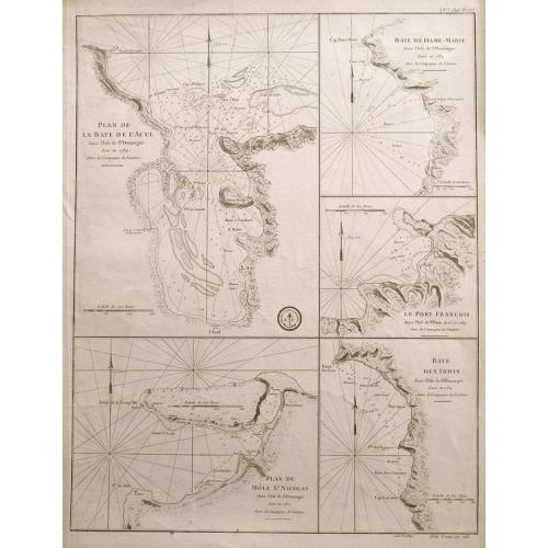 Old map image download for Plan de la Baye de l'Acul; Baye de Dame-Marie; Le Port François; Plan du Môle St. Nicolas; Baye des Irois