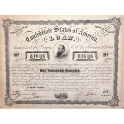 A Confederate States of America 1000 Dollar Loan Bond February 20th 1863.