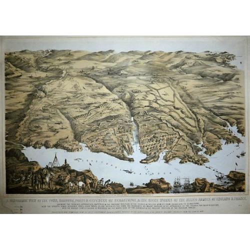 Old map image download for A Panoramic View of the Town, Harbour, Forts & Defences of Sebastopol & The Siege Works of The Allied Armies of England & France.