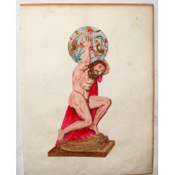 Hand-Colored Copper Engraving of Atlas With World On Shoulders.