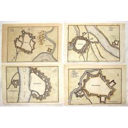 Four hand-colored fortification plans by Caspar Merian.