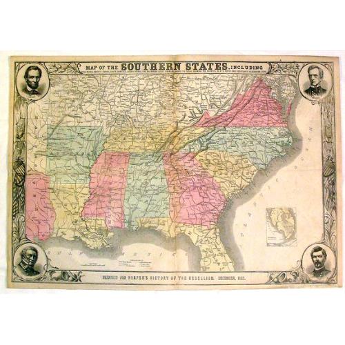 Old map image download for Map of the Southern States, Including Rail Roads, County Towns, State Capitals, County Roads, The Southern Coast From Delaware to Texas, Showing the Harbors, inlets, Forts and Position of Blockading Ships