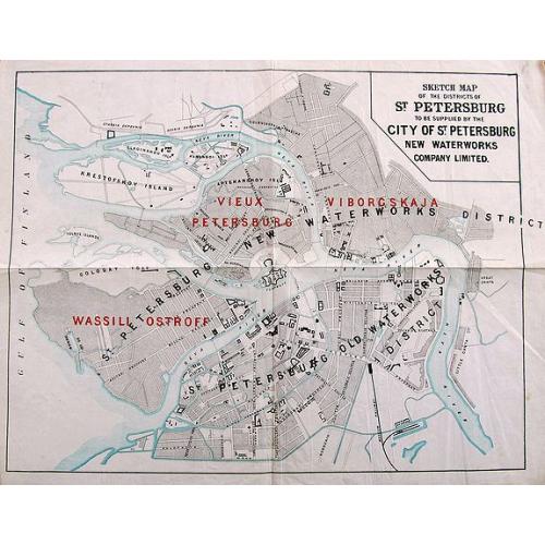 Old map image download for Sketch Map of the Districts of St. Petersburg to be supplied by the City of St. Petersburg New Waterworks Company Limited.