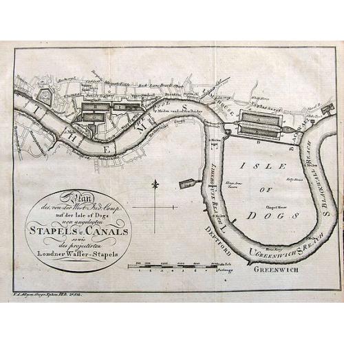 Old map image download for Plan des von der West Ind. Comp. auf der Isle of Dogs neu angelegten Staples u. Canals sowie des projectirten Londner Wasser-Stapels.