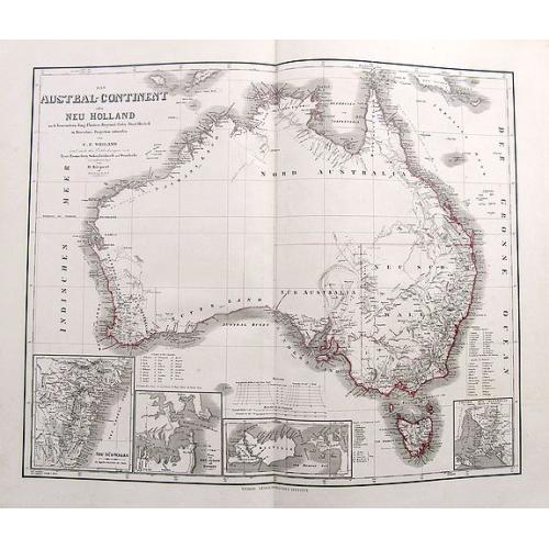 Old map image download for Das Austral-Continent oder Neu Holland nach Krusenstern, King, Flinders, Freycinet, Oxey, Sturt, Mitchell in Mercator's Projection entworfen von C.F. Weiland...