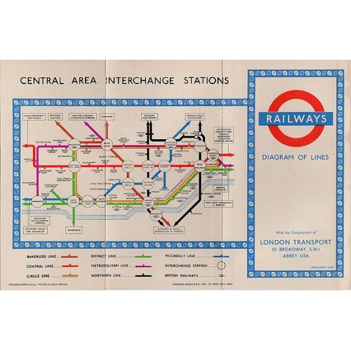 Old map image download for 1953 Harry Beck London Underground map. 