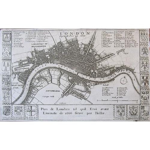 Old map image download for London before the Fire in 1666 / Plan de Londres tel quil Etoi avant L'incendie de 1666 Gravé par Hollar.